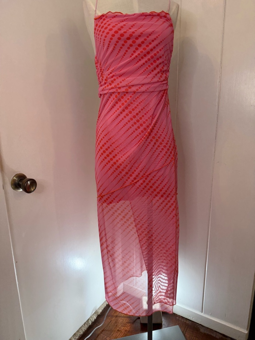 Urban Outfitters Pink and Red Dot-Stripe Sheer Maxi Dress
